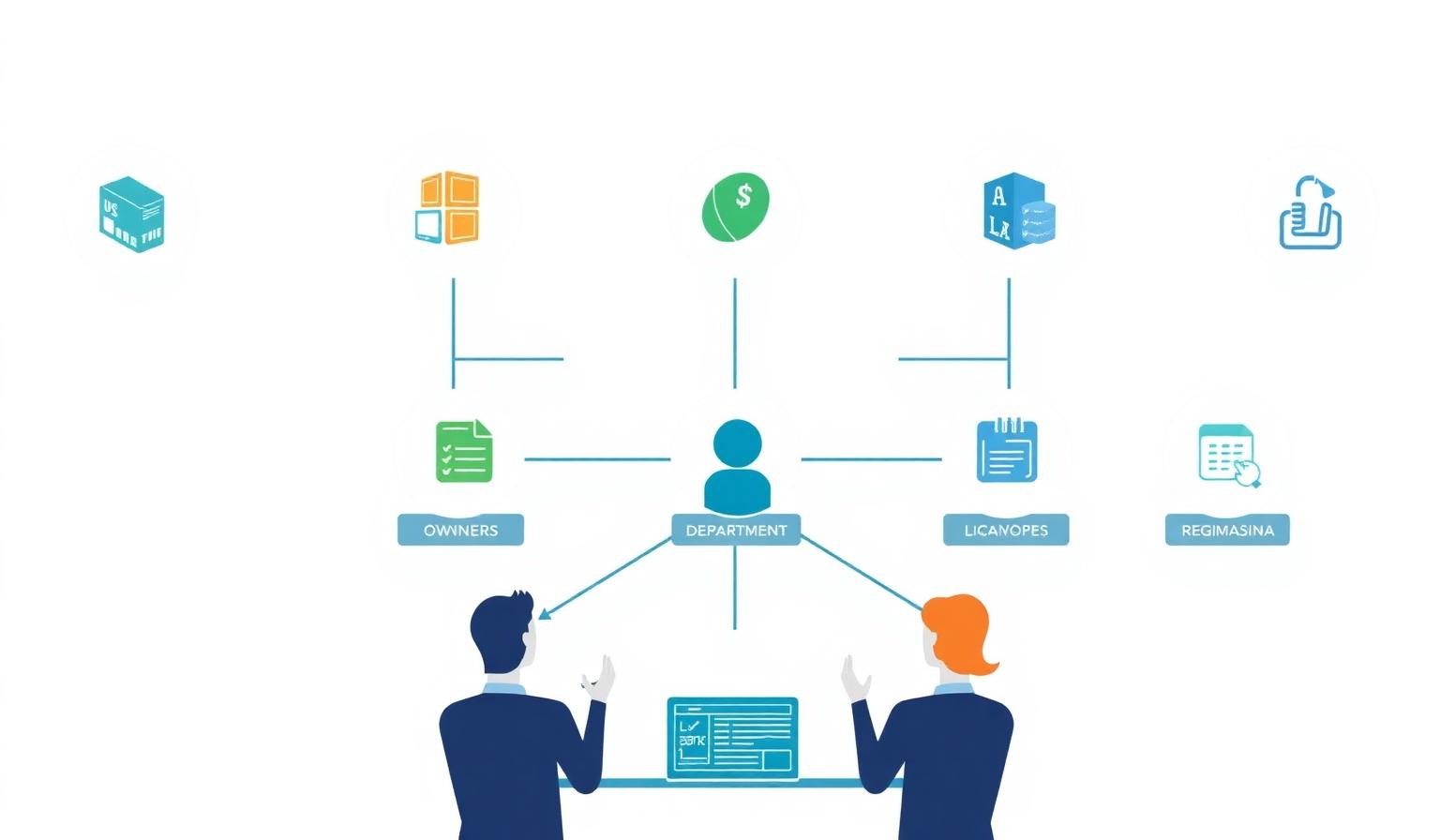 Illustration of a team with software icons linked to specific owners, departments, and responsibilities.