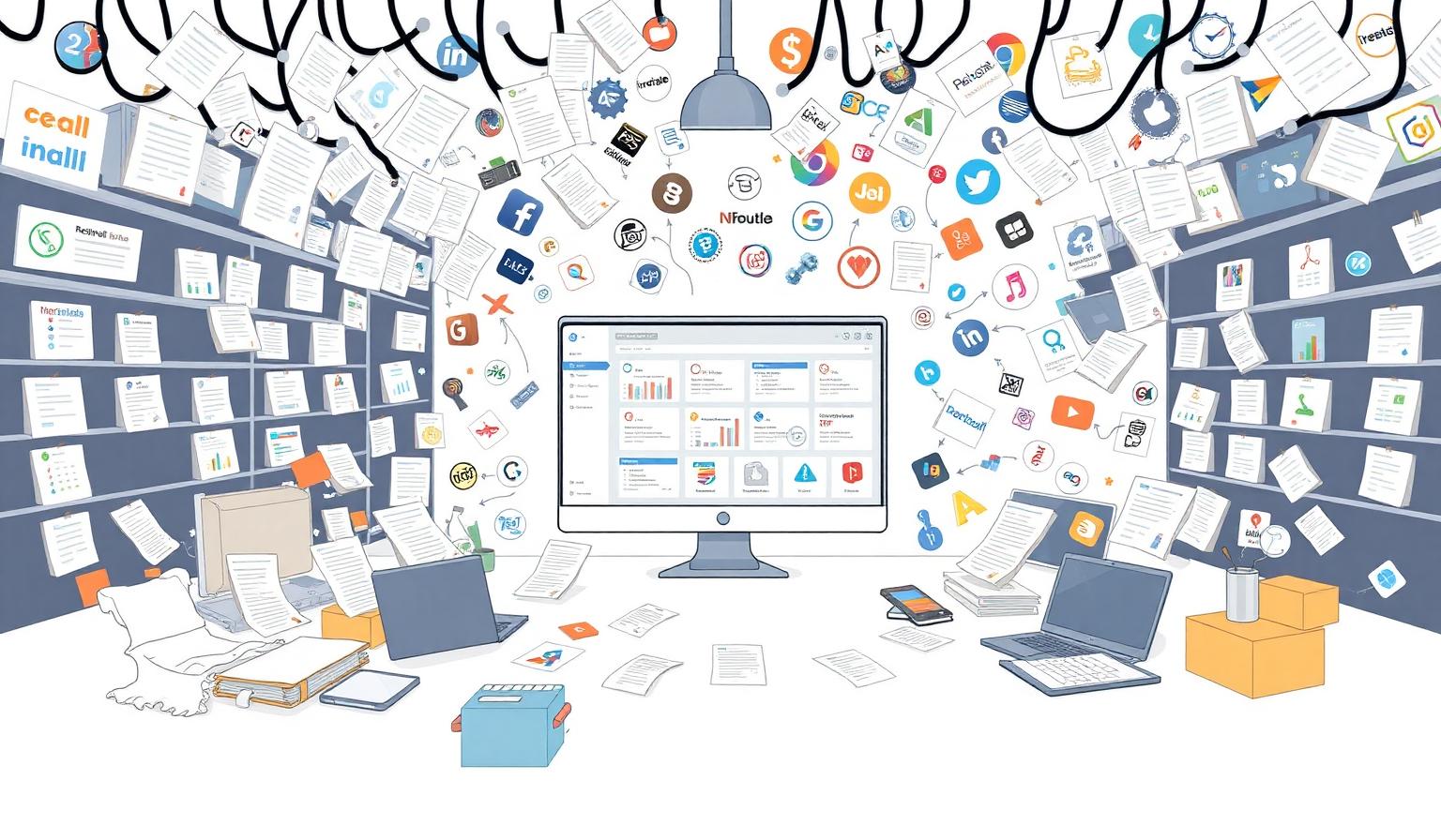 Illustration of a growing company overwhelmed by scattered software subscriptions and a central organized dashboard.