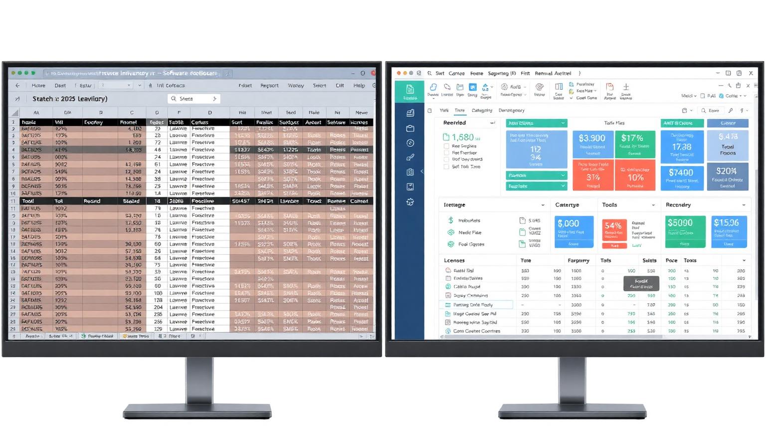 Split illustration comparing a chaotic spreadsheet with a clean software inventory dashboard.